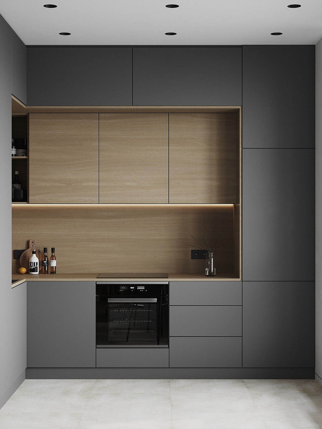 Blum Handleless Light Gray Matte Storage Cabinets for Modern Kitchen Furniture Design