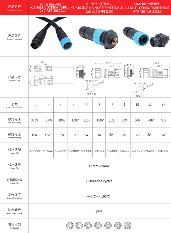 A16 Nylon Reverse-Mount Self-Locking Waterproof Connector 2 To 12 Pins UL US Plug Cord AC Power Input Connector