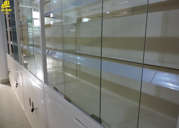 Glass Doors Steel Pharmacy Display Racks With Locker Glass Shelving