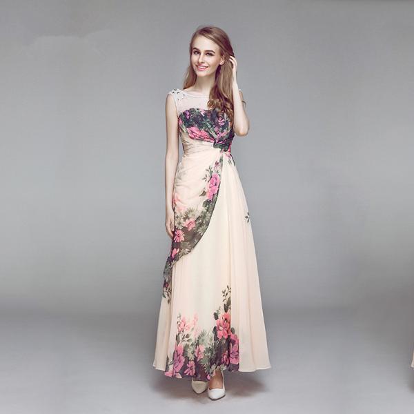 Double Shoulder Straps Rose Print Flower Bridesmaid Dress Chiffon Bridesmaid