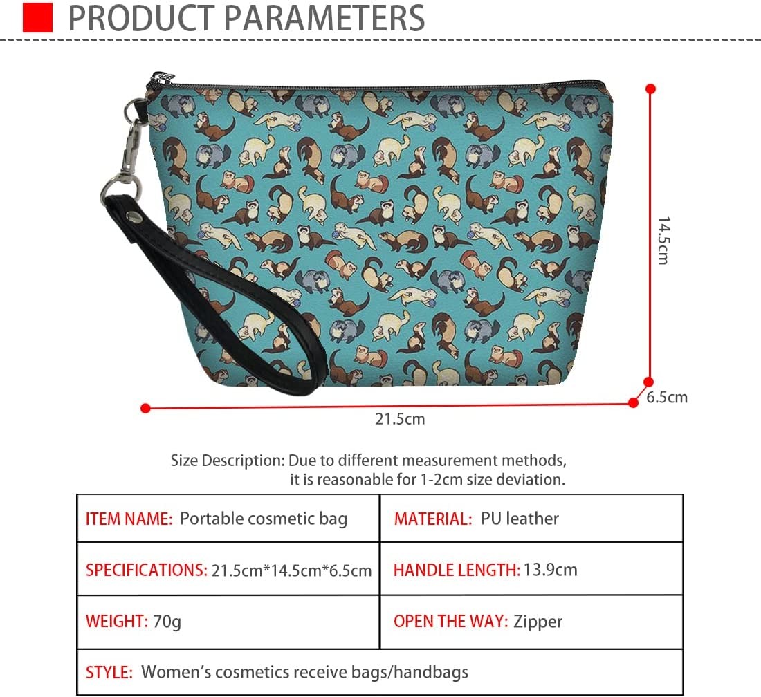 Cute Ferrets Print Small Zipper Makeup Bag with Strap Water Resistant PU Leather Cosmetic Bag