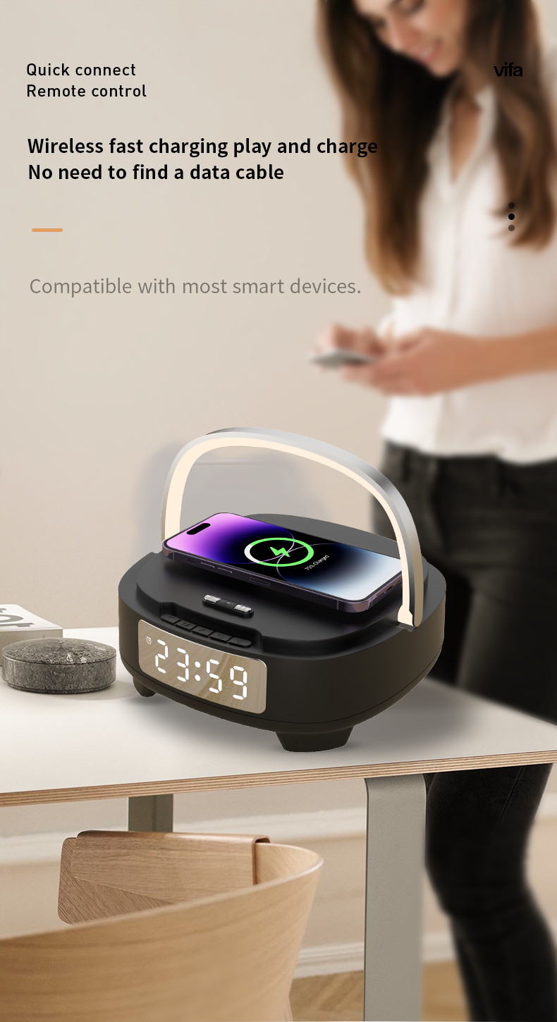 15W Phone Stand Wireless Charger Fast Phone Charging Alarm Clock Bt Speaker For Bedroom