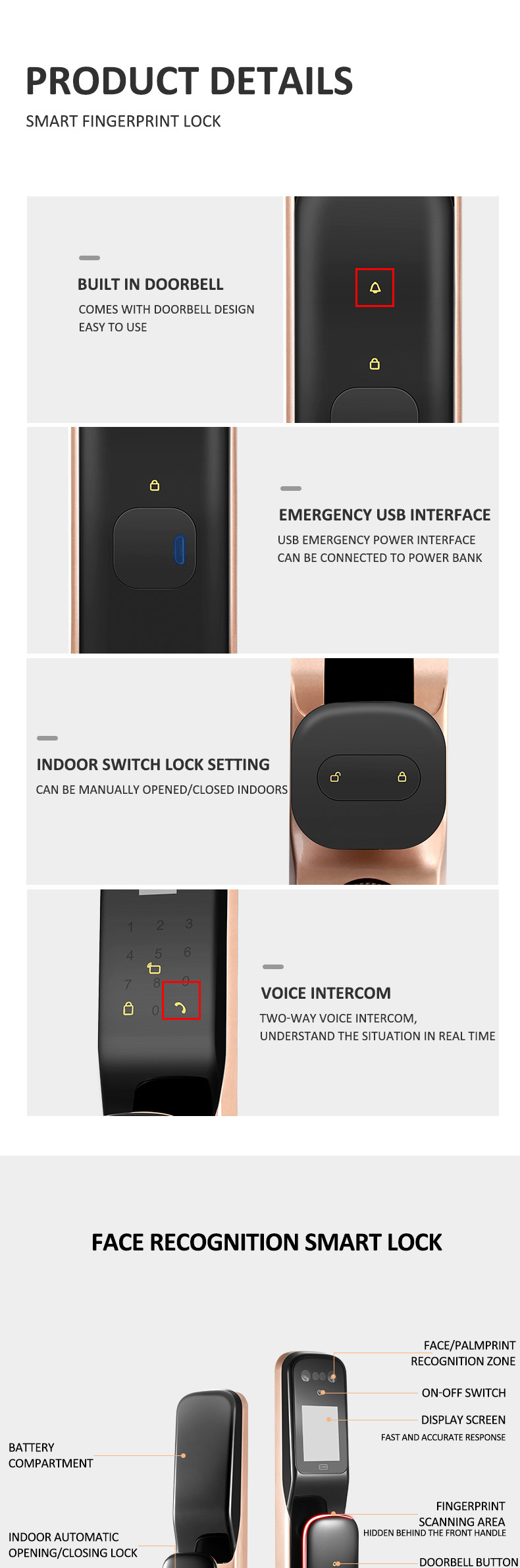 Automatic Wifi Tuya Fingerprint Pincode Face Recognition Door Lock