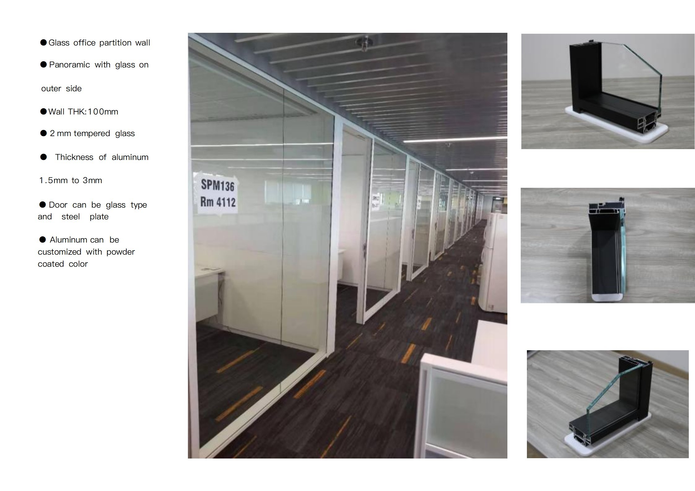Single Glazed Office Tempered Glass Partition Wall Convenient Operability