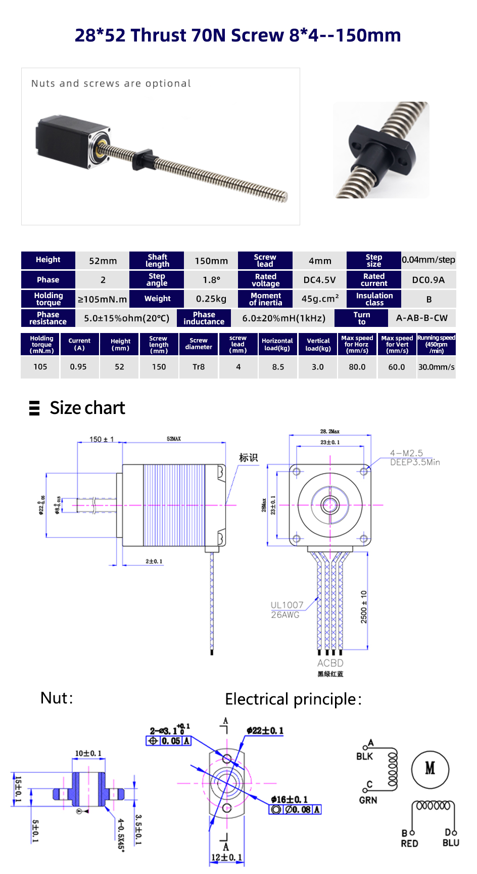 80 Degree Temperature Rise Linear Stepper Motor With Lead Screw for CNC Machines