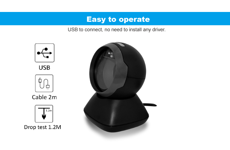 Advanced Wired Desktop Barcode Scanner 1D/2D Reader with 2M Straight Cable ABS PC
