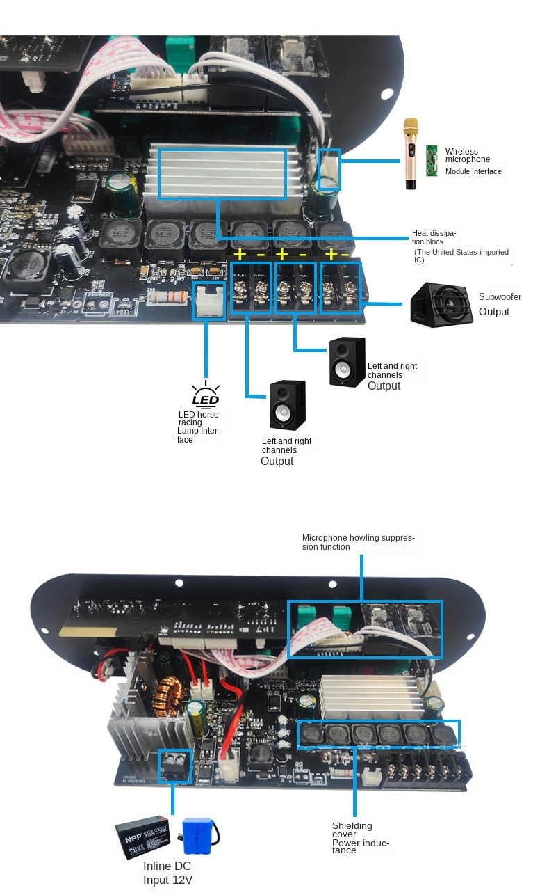 D1000 2.1 Channel Subwoofer Digital Amplifier Board 50W+50W+100W 12v Home Power Amplifier High/Low Tone Rechargeable