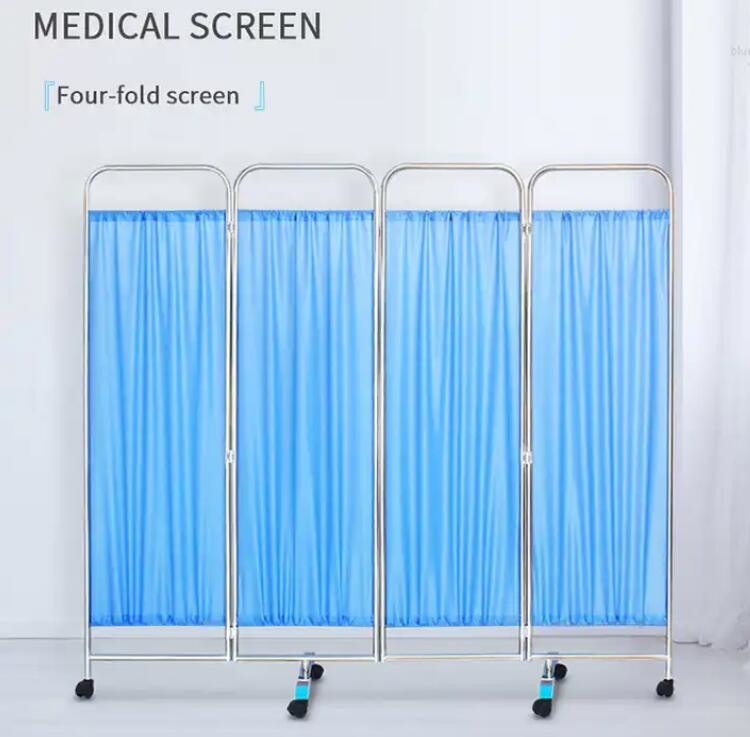 Medical Stainless Steel Movable Hospital Bedside Ward Screen4 Panel Folding Ward Screen With Wheels