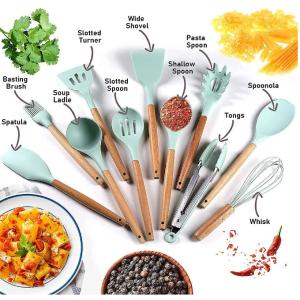 Silicone Wooden Kitchen Utensil Set With Stand Rustproof Multiapplication