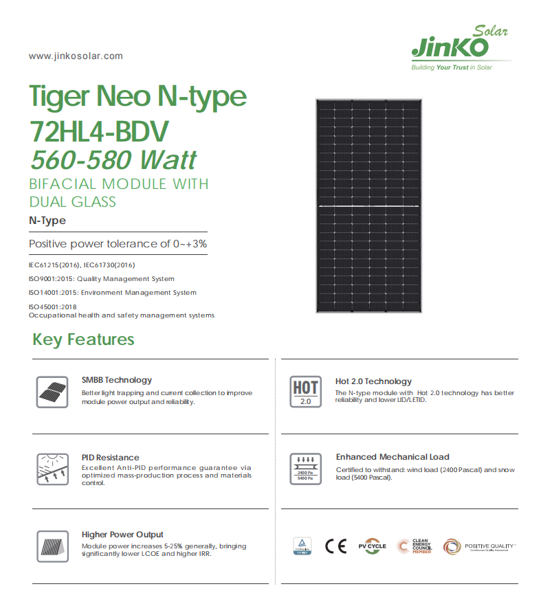 N-Type Bifacial Solar Panels Jinko Jkm560-580n-72hl4-Bdv Tiger Half Cell Modules