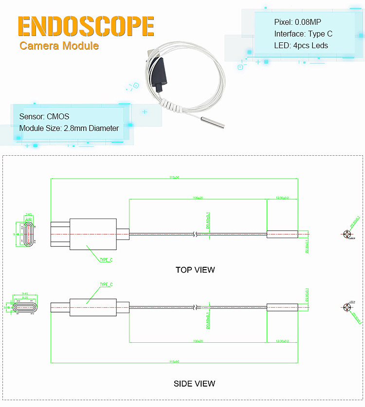 0.08MP 2.8mm Endoscope Inspection Camera Module Type C Interface