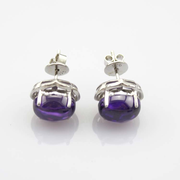 925 Silver Jewelry 8mmx10mm Oval Dome Purple Cubic Zircon Earrings(PSJ0434)