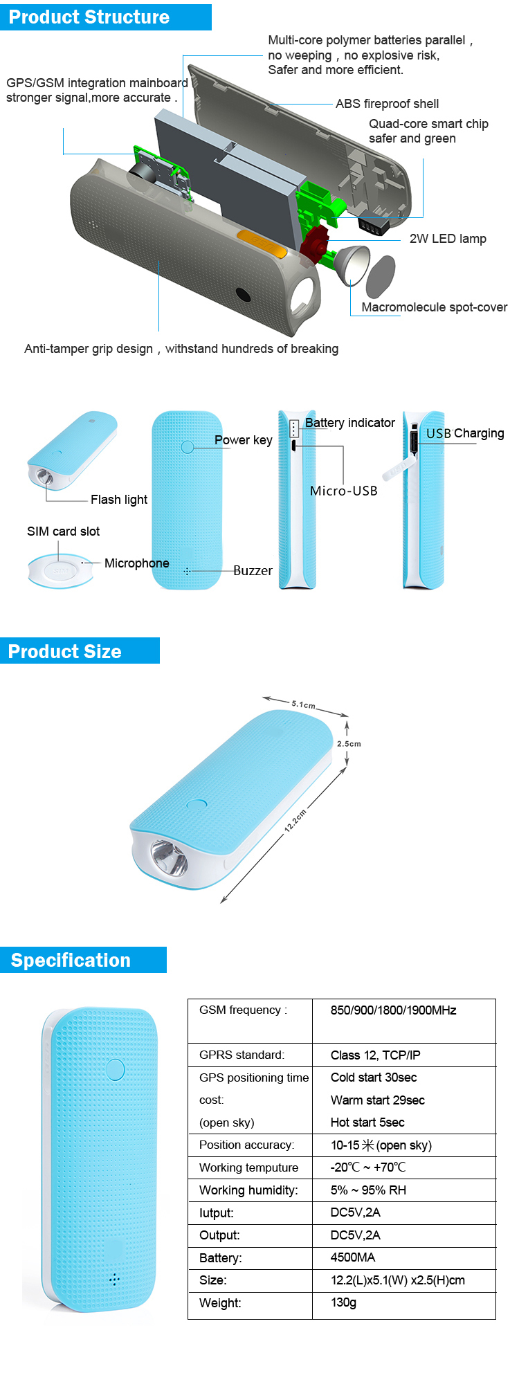 Long standby time with 90 days realtime gps tracker 4500mah power bank RF-V20