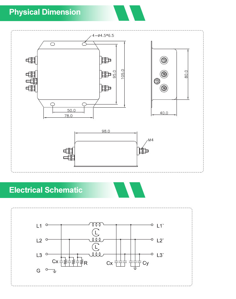 Customized High Current 3 Phase Filter 10A 440V RFI Noise Filter For Machinery