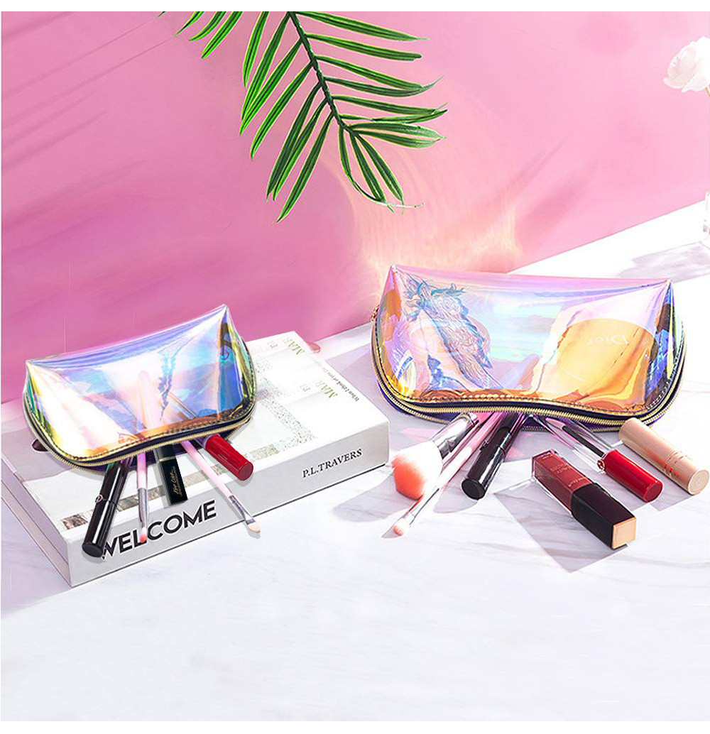 Portable 2pcs Holographic Makeup Bags With Gold Zipper