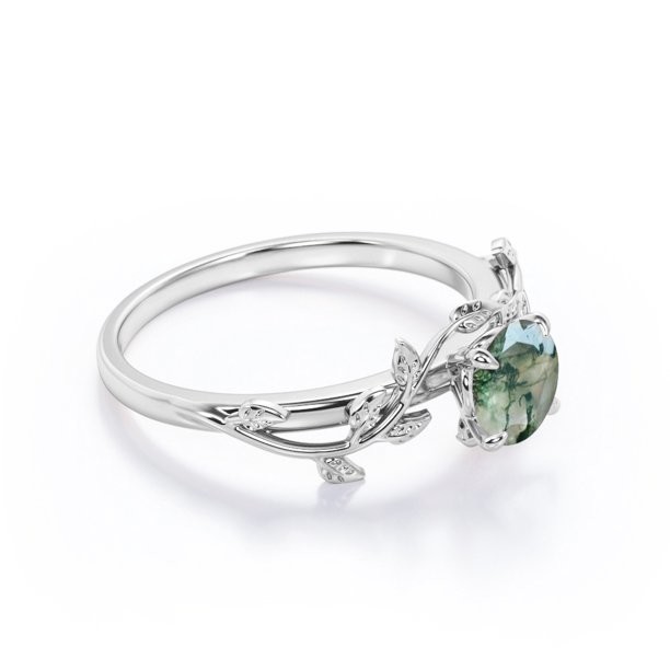 Round Cut Opaque White Druzy Mossy Green Agate Branch Leaf Design One-Stone Engagement Ring