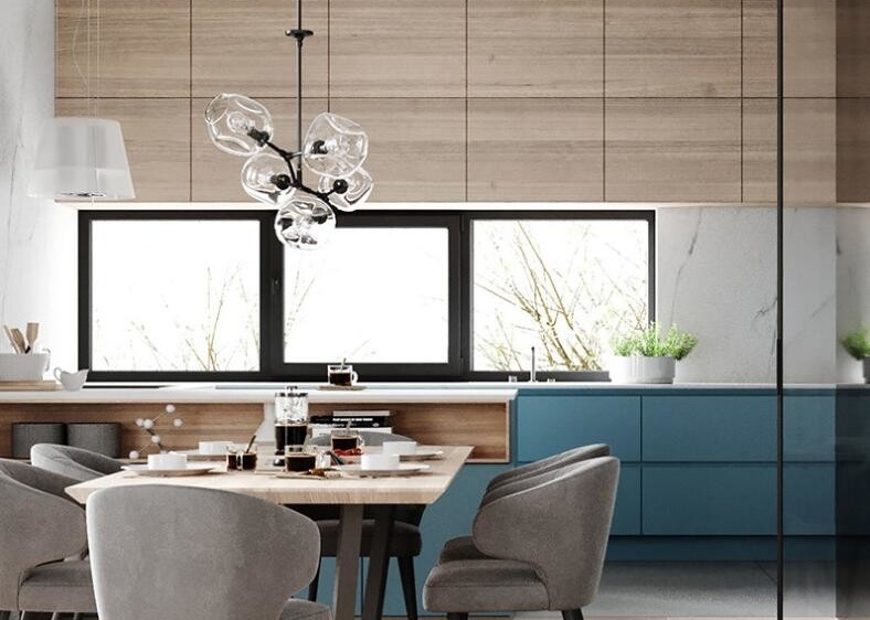 HPDL 200mm Blue And Pink PVC Island Kitchen Cabinets Pvc Modular