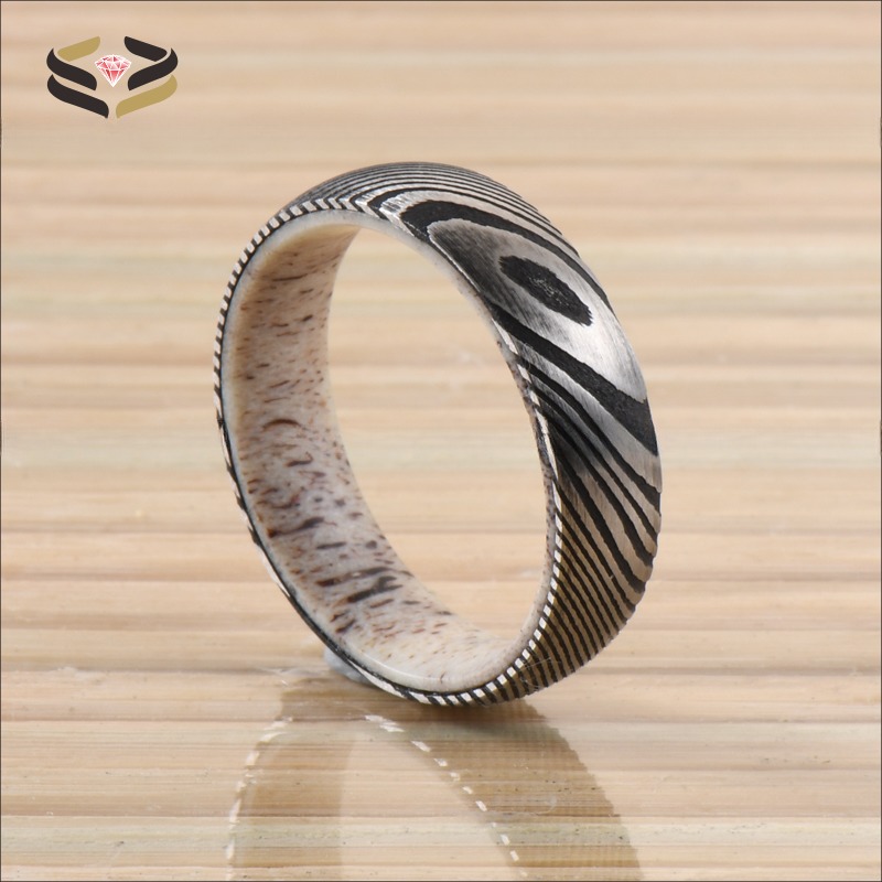 Etched Wedding Damascus Steel Rings 6mm 8mm With Deer Antler Sleeve Inlay