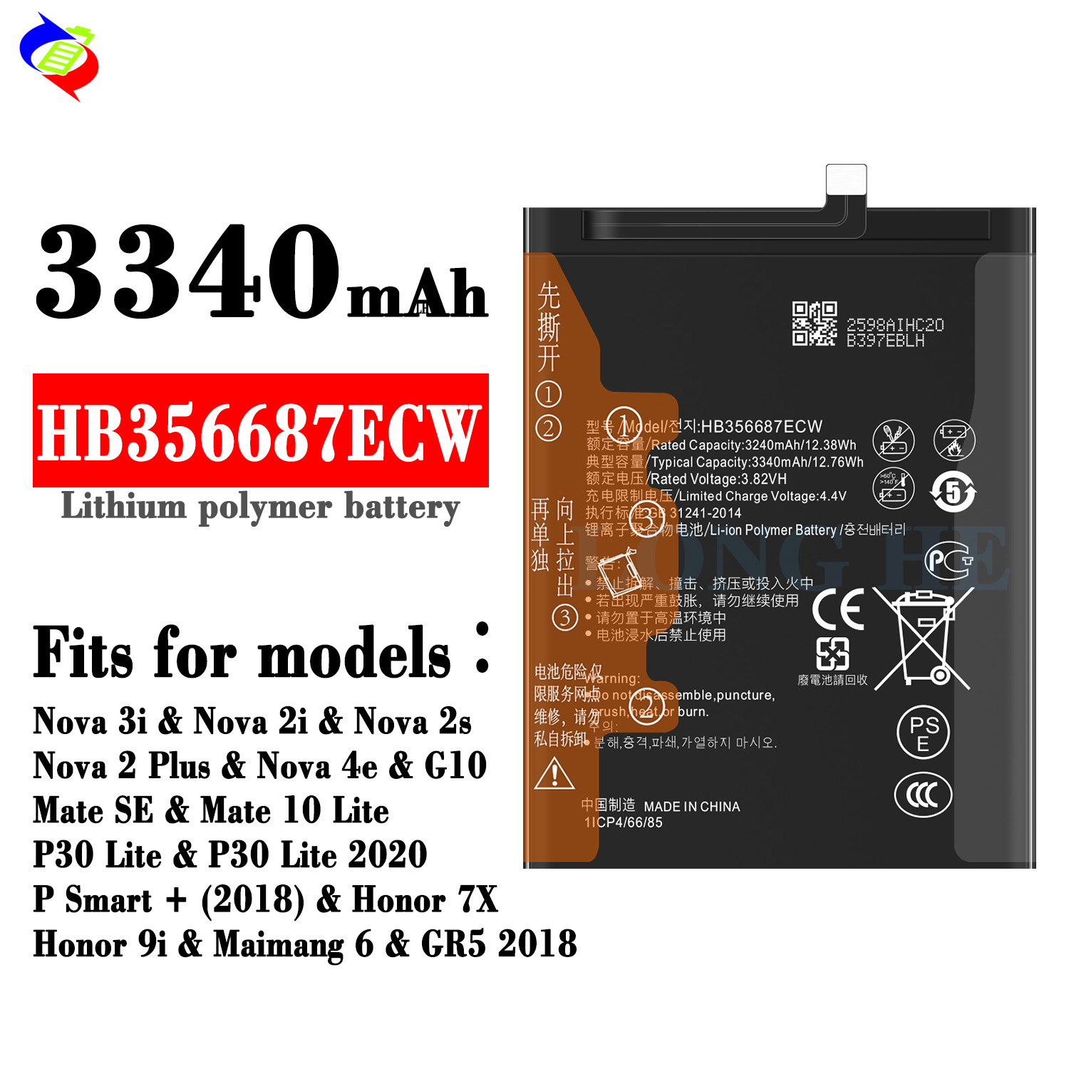 Original HB356687ECW P30lite Battery for Huawei Honor 7x Mate10 Lite Double IC Protection