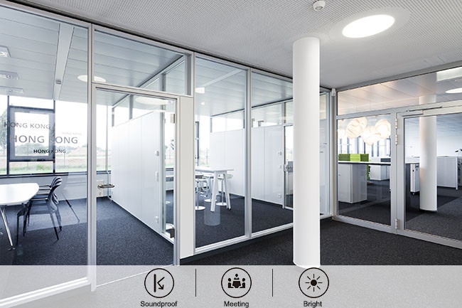 Enhanced Soundproofing And Thermal Insulation Partition Wall Indoor With White Black Frame Clear Glass