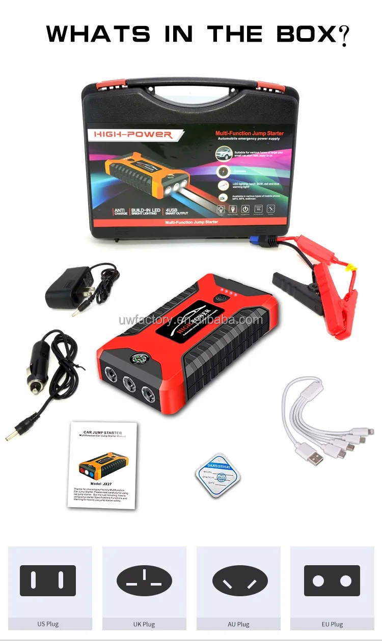 67KWh-168KWh Battery Capacity Car Jump Starter 600A Portable Starting Device 4USB 20000/99800mAh with High Capacity