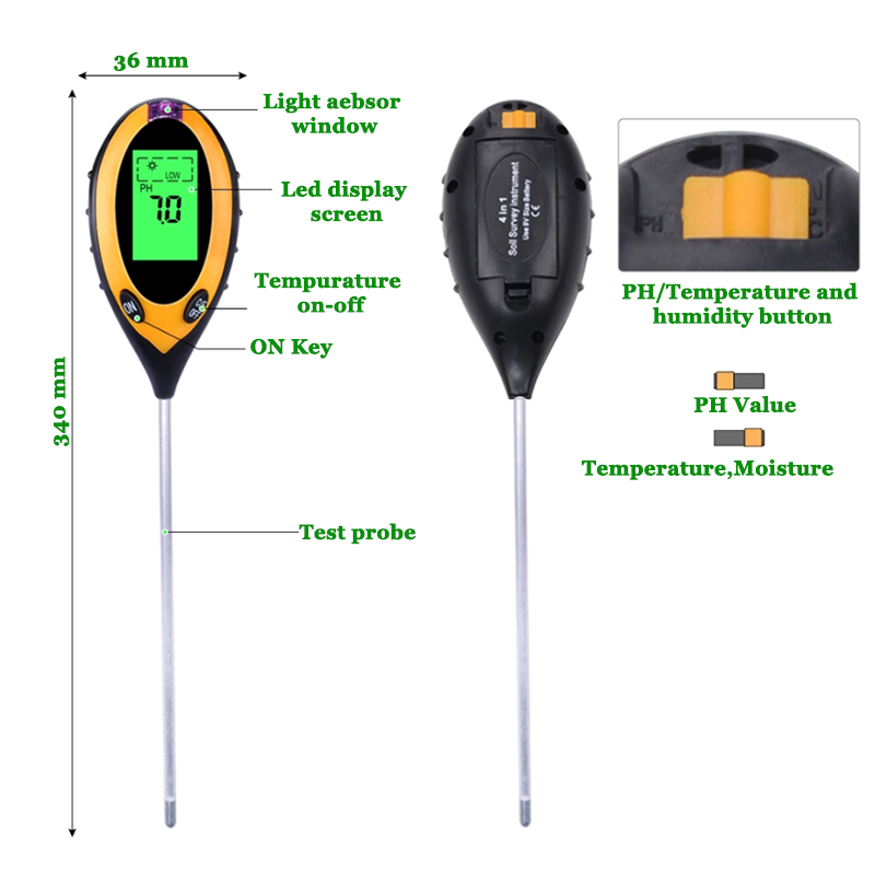 Plastics and Stainless Metal 4-in-1 Soil Fertility Tester for Garden Farm Greenhouse