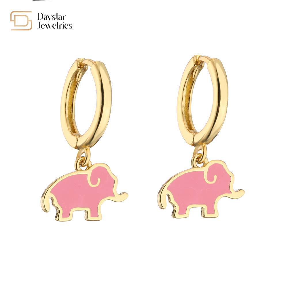 Cute Colorful Enamel Elephant Bear Mushroom Pendant Charm Hoop Earrings 18k