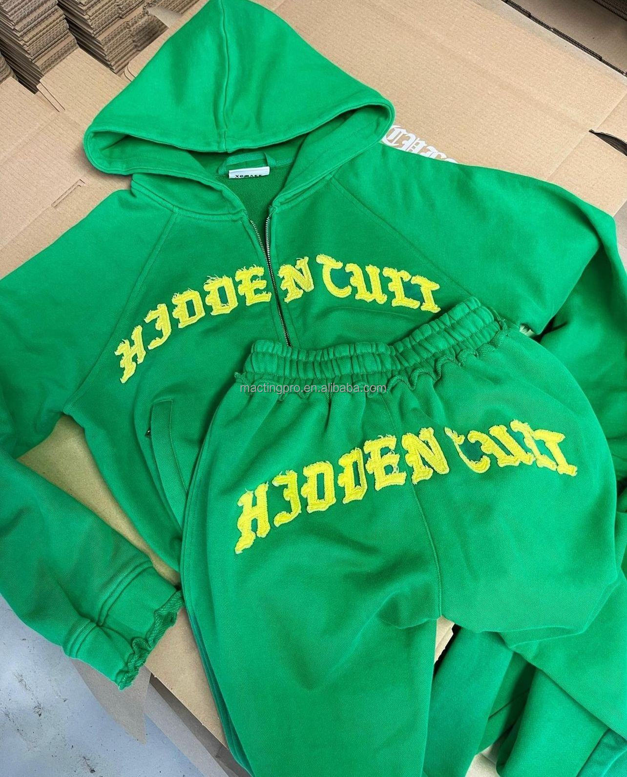 Acid Wash Zip Up Hoodie Tracksuit Boys Brown Women'S Street Wear Patch Embroidery Washed Joggers