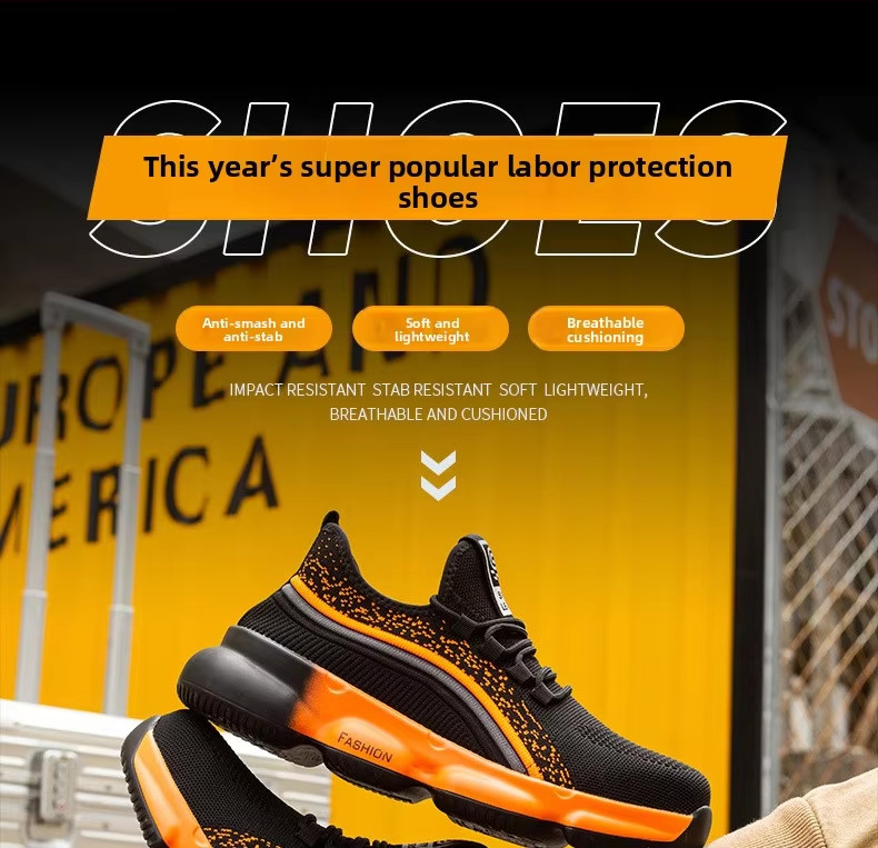 Black Comfortable Kevlar Mid Sole Anti-stab Work Shoes With Steel Toe Breathable Flying Knit