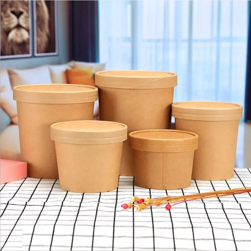 Custom Recyclable Kraft Paper Salad Bowls Brown Kraft Soup Paper Bowls With Lids