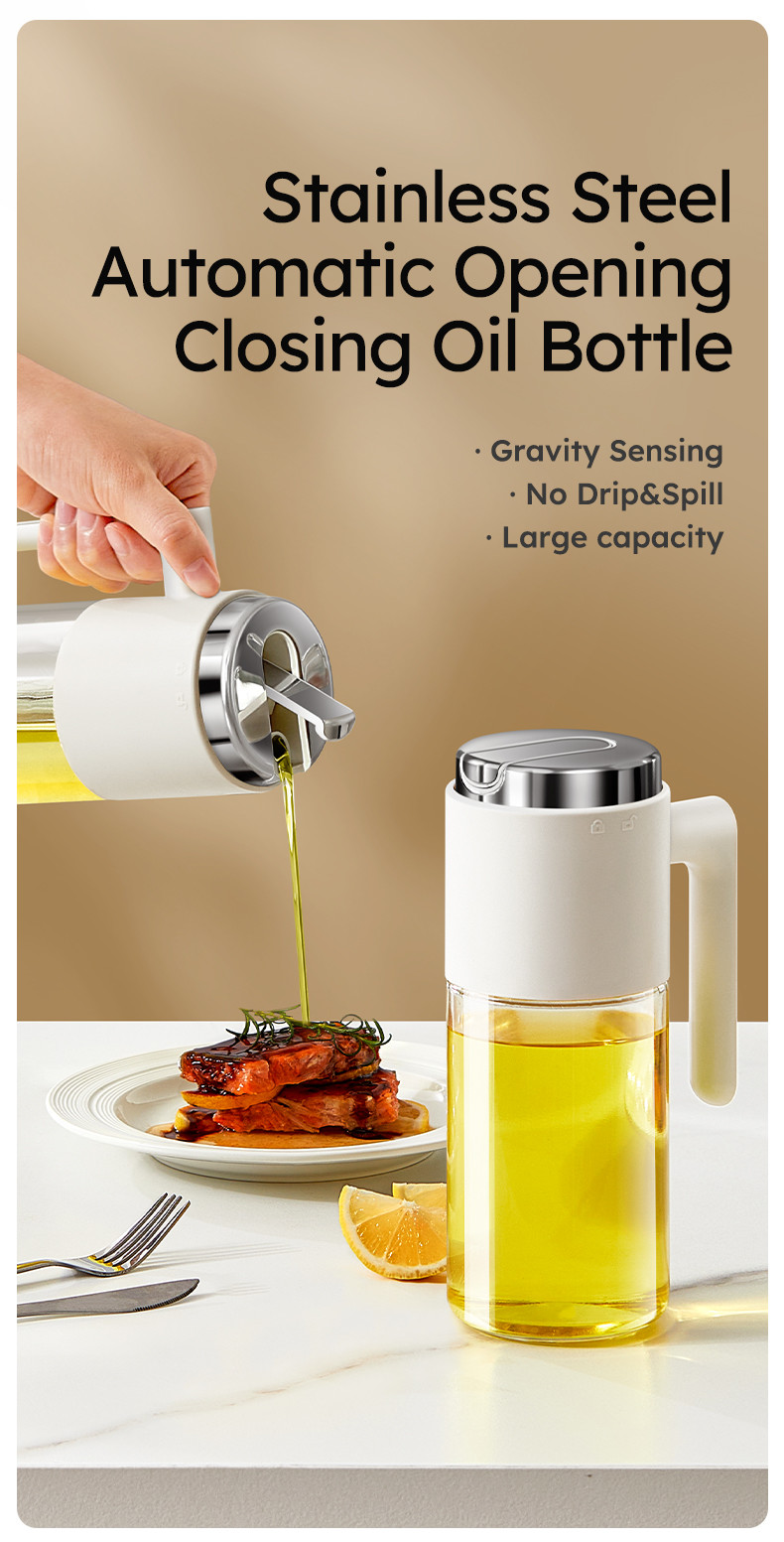 NEW 500 Ml/17oz Stainless Steel Lid Clear Vinegar And Olive Oil Bottle Dispenser Auto Flip Glass Oil Pot Container