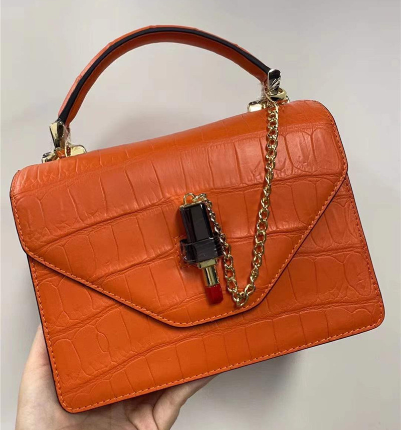 Authentic Crocodile Belly Skin Women Small Orange Purse Lady Chain Handbag Genuine Alligator Leather Female Shoulder Bag
