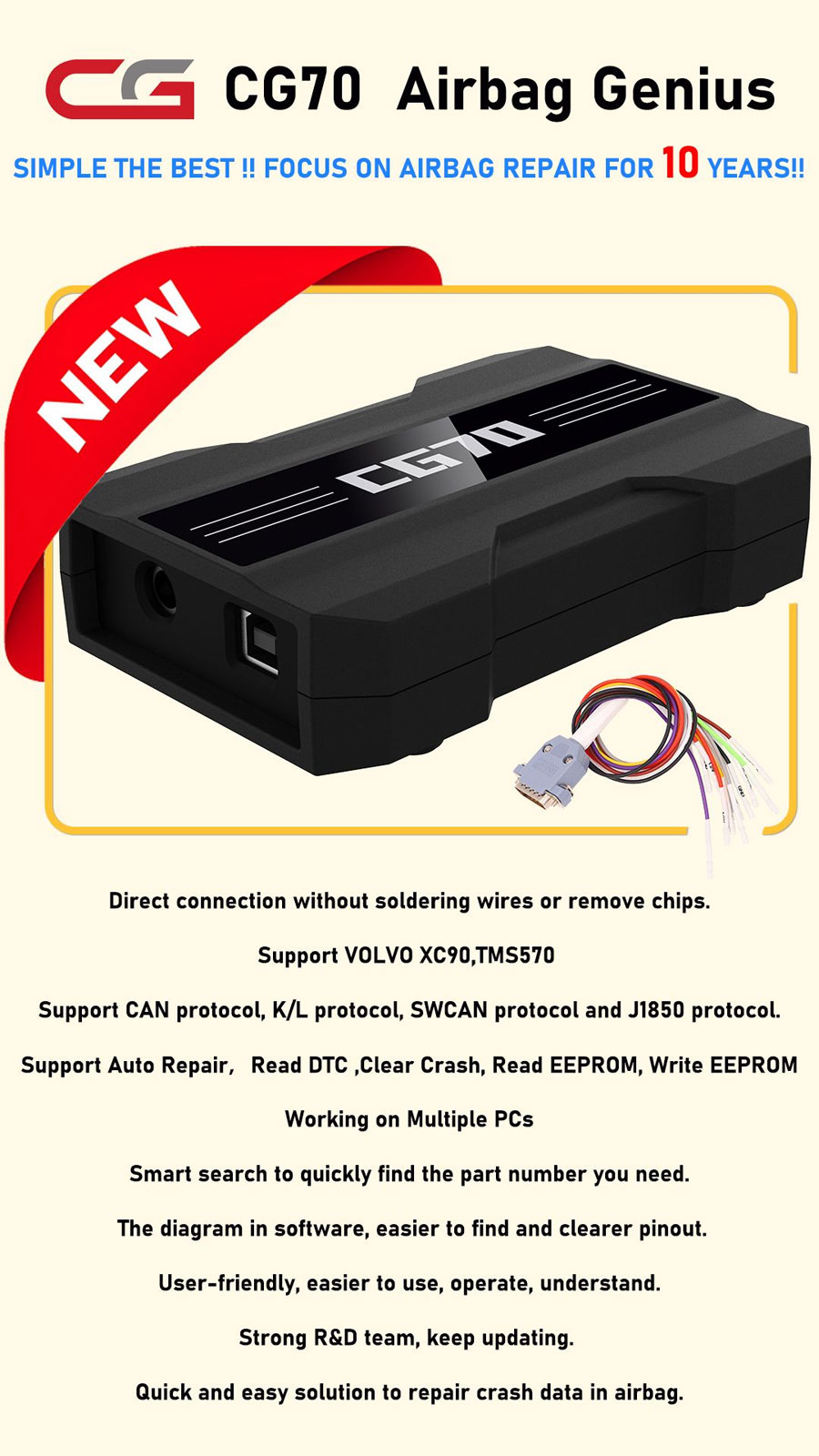 CGDI CG70 Airbag Reset Tool Clear Fault Codes One Key No Welding No Disassembly with xoplre tablet