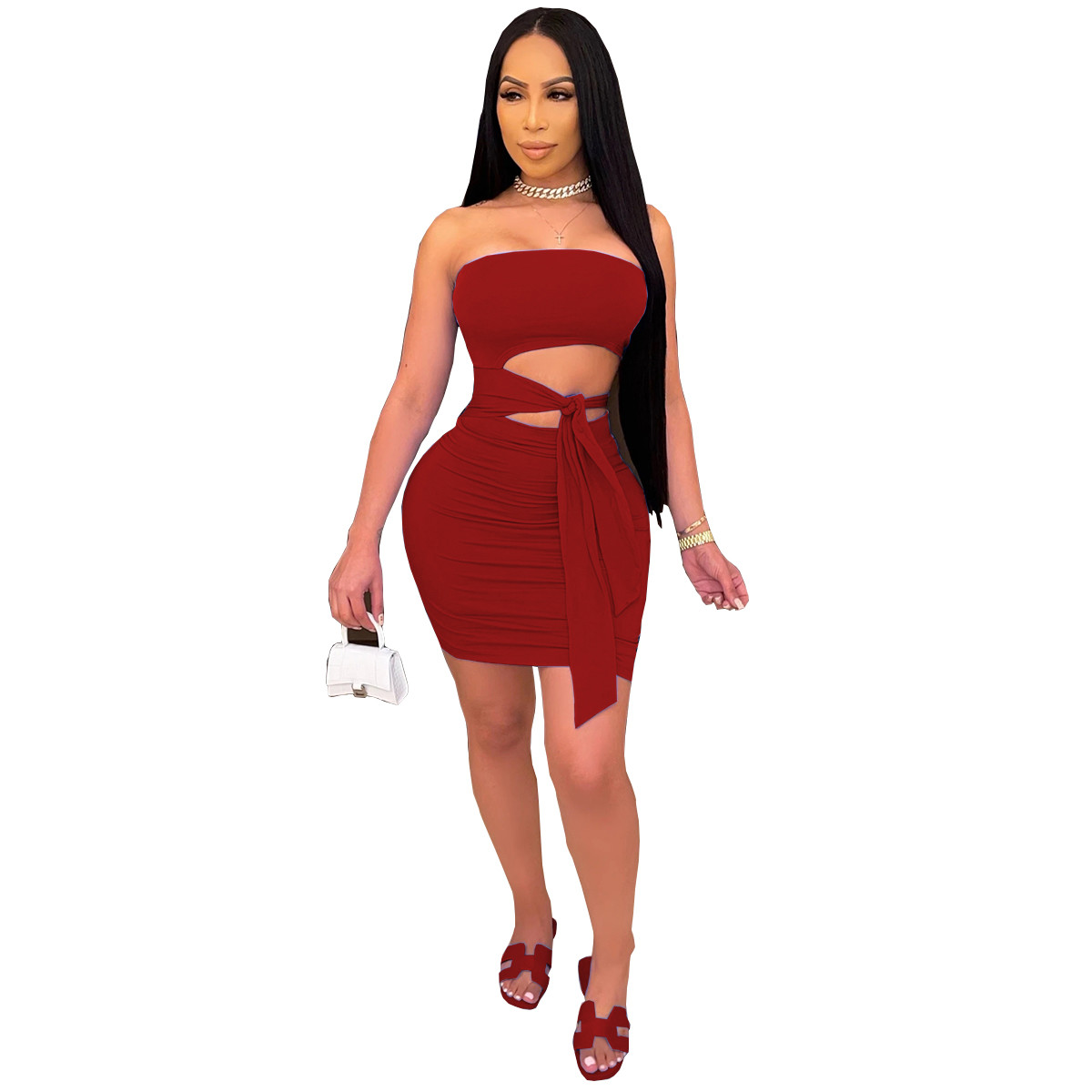 Clothes Fashionable Pure Color Lace Strapless Skirt Set 2 Pieces