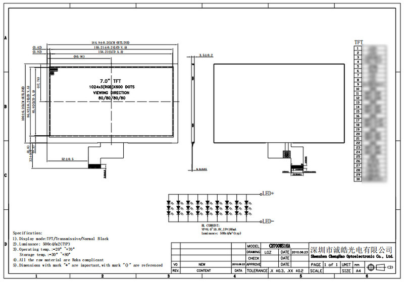 HD 7 Inch TFT LCD Module RGB 1024X600 4 Lane MIPI With All Viewing Direction