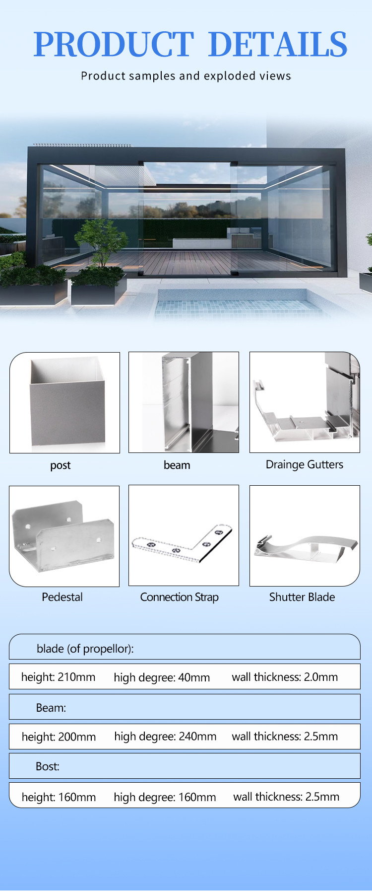 Outdoor Modern Aluminum Motorized Louvre Roof Sun Bioclimatic Pergola For Garden and Swimming Pool