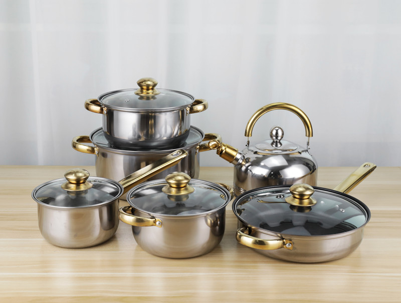 High Quality Kitchen Cooking Pot Set 12 Pcs Stainless Steel Cookware Set With Golden Handle