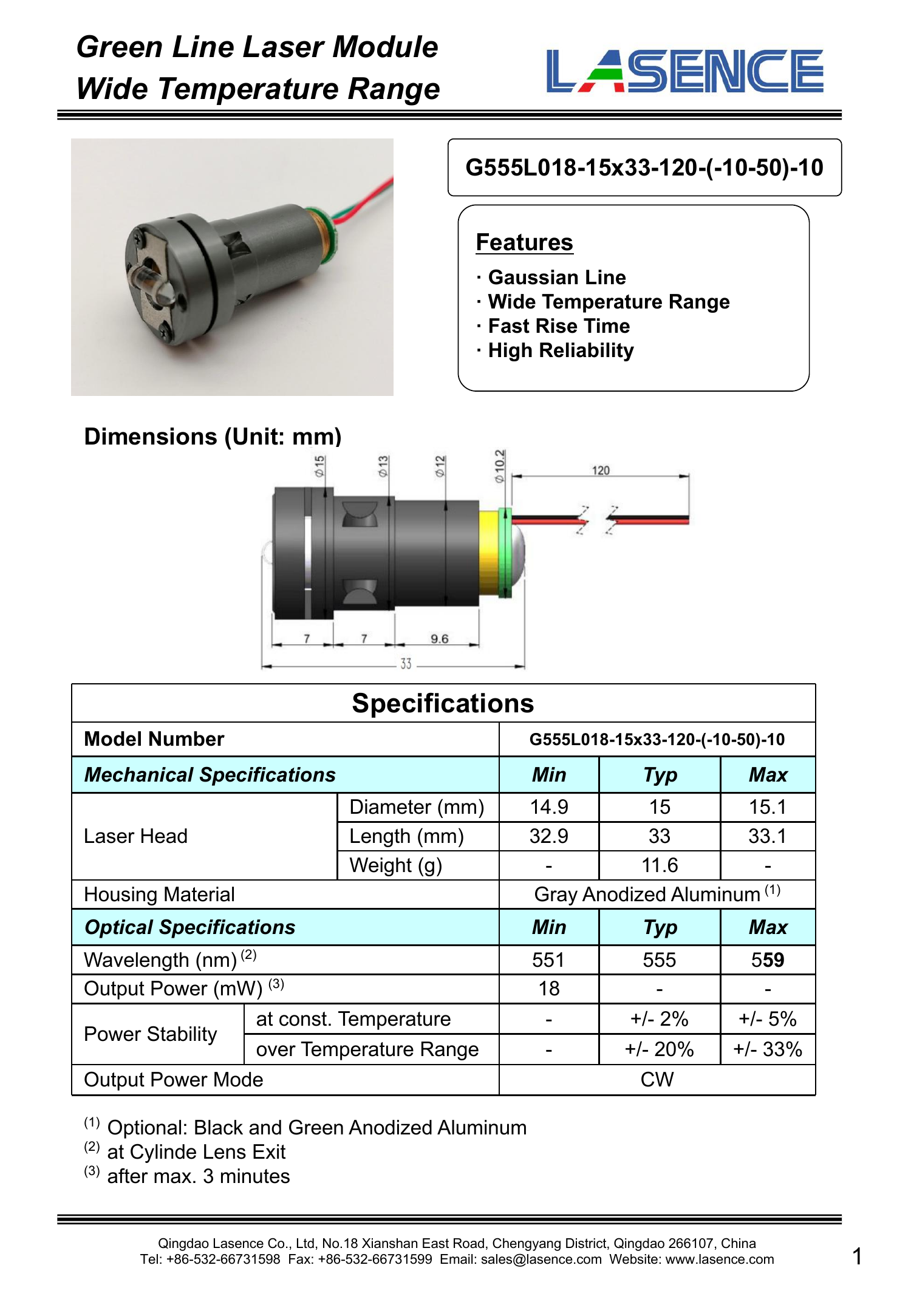 High Precision 545nm Green Dot Laser Module 10mW 20mW 30mW 50mW 100mW with Voltage 2.6-3.0V