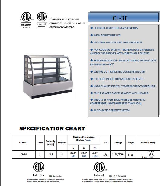 Refrigerated cake display case for bakery shop with CE/ETL