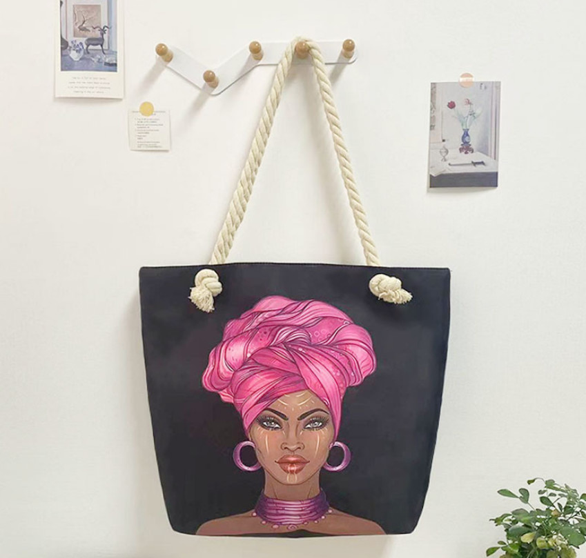 African American Women Black Shoulder polyester canvas tote bag Handbag Fit Work Beach Laptops With Zip