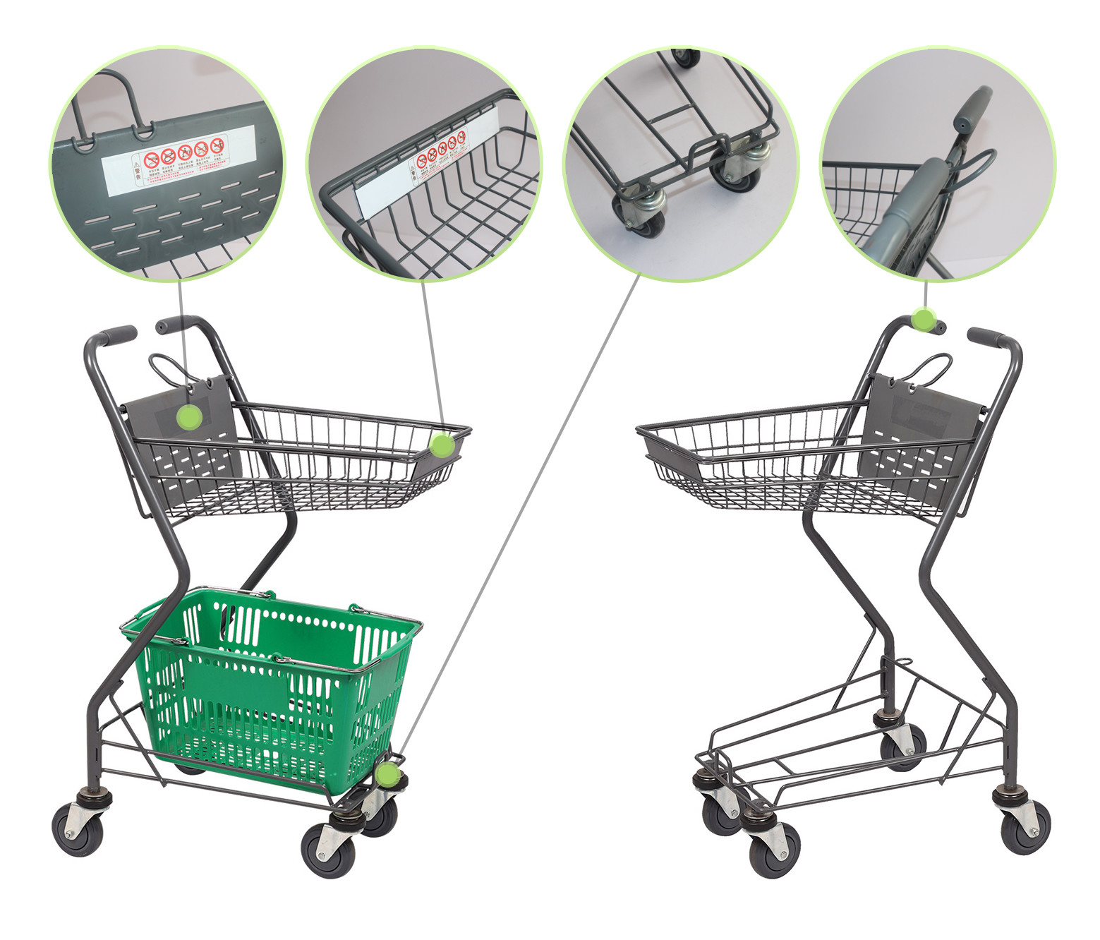 Double Layers Hand Basket Shopping Carts 45L Metal Wire Shopping Trolley