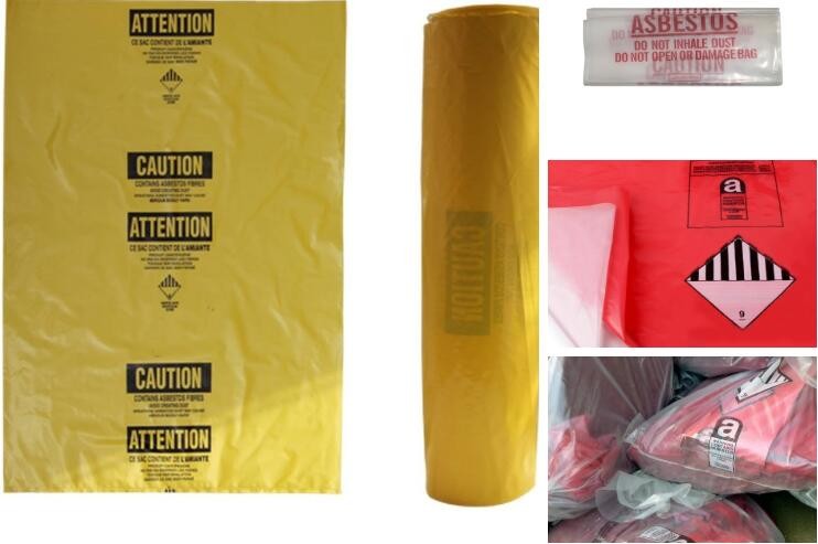 Asbestos Removal, disposable plastic yellow poly asbestos warning printed burial bags, Asbestos clear plastic packing ju