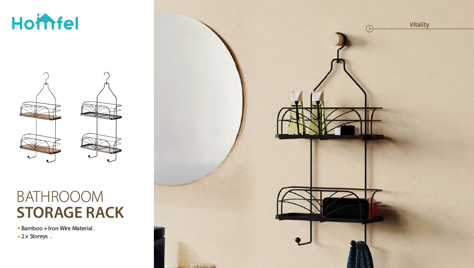Iron And Bamboo Bathroom Shower Caddy Wall Mounted 2 Tiers With Wire Basket
