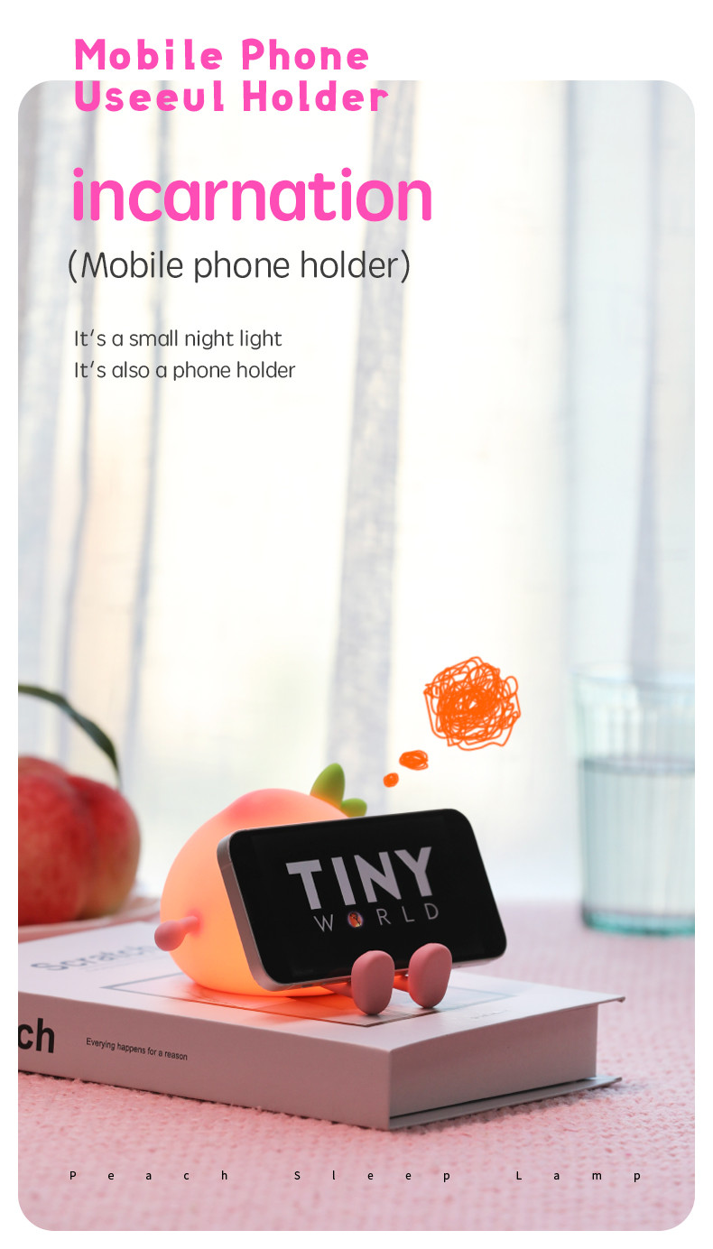 Latest Cute Peach Silicone Night Light Rechargeable Eye Protection Bedside Lamp For Baby Bedroom Colorful Peach Night Lighting