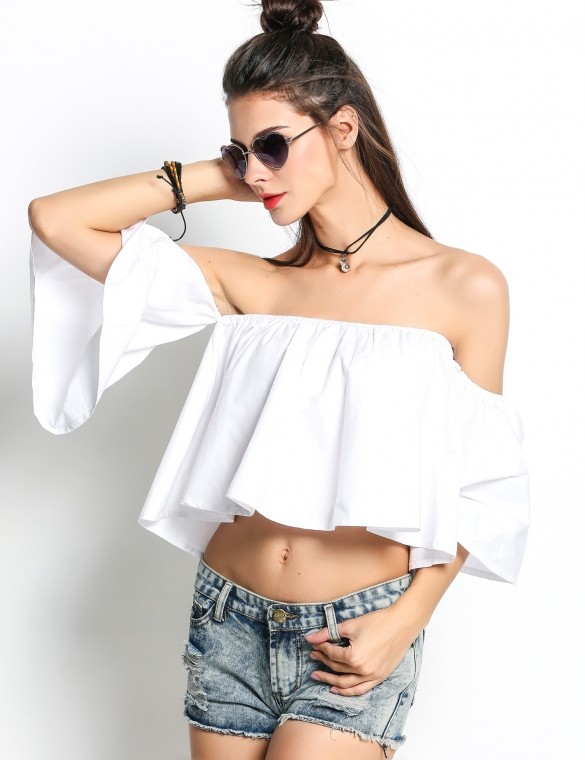 ladies tops latest design Women Off Shoulder Flare Sleeve Ruffles Solid Crop Tops