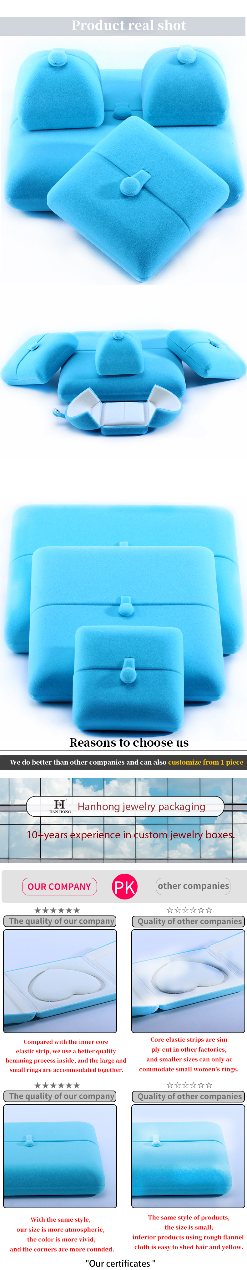 Sky Blue Velvet Hanhong Custom Logo Jewelry Packaging Box for Bracelet Earrings Gift