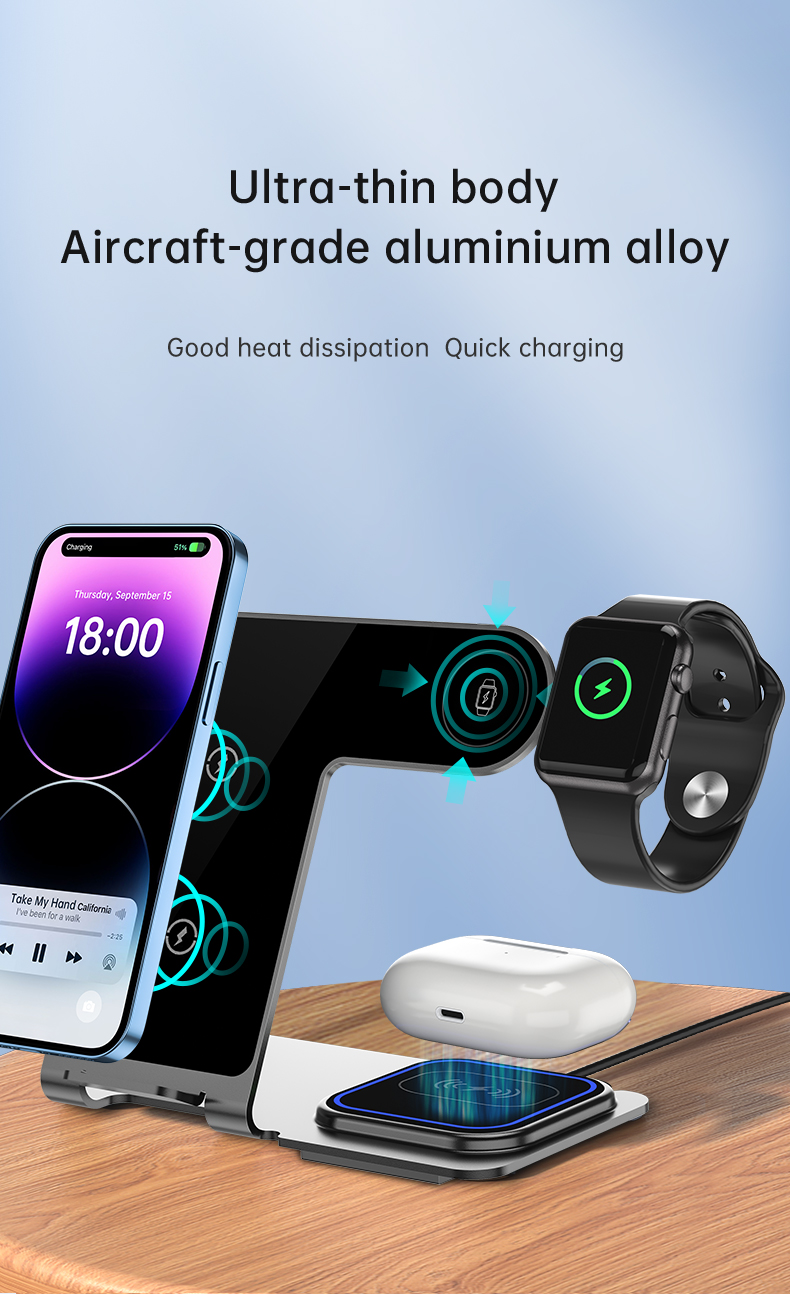3-In -1 Bracket Aluminum Alloy Wireless Charger For Phone Earphone Watches