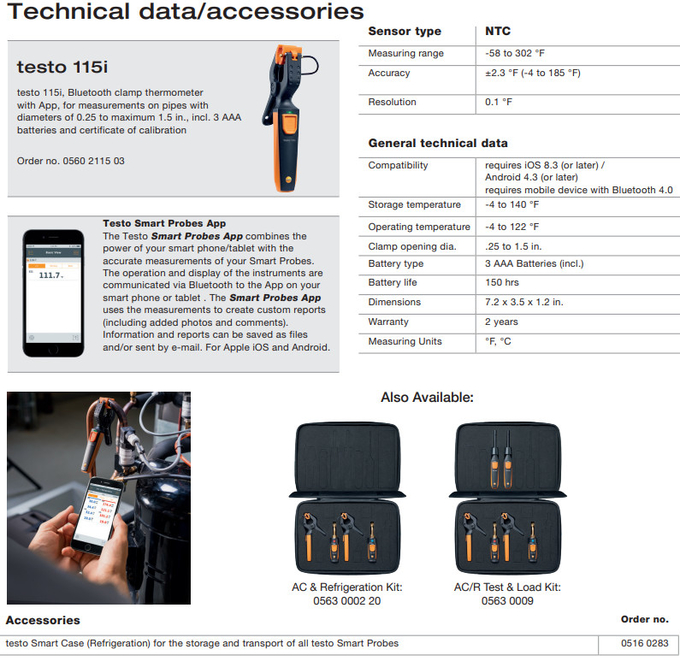 Testo 115i Pipe Clamp Thermometer Operated Via Smartphone 0560 2115 03