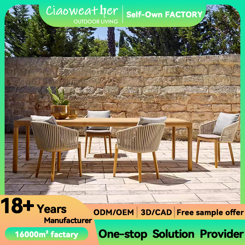 Modern Solid Wooden Dining Armchairs Water Resistant Cushion Seat for Outdoor Garden Patio Weatherproof Woven Rope Rattan