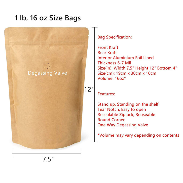 16oz Coffee Biodegradable k Paper Bag Stand Up Flat Bottom